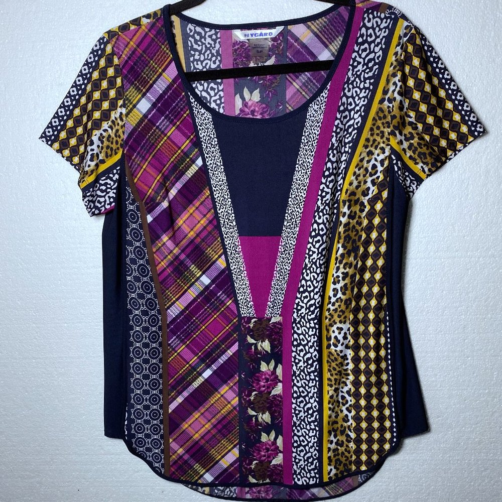Peter Nygard Women's Size Small Geometric Top Blouse Plaid Cheetah Animal Print
